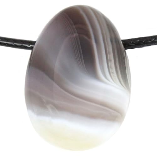 Véritable pendentif en agate du botswana en forme de goutte avec ruban en coton ciré - Pierre de tambour percée - Fermeture rotative en acier inoxydable