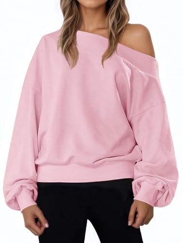 Fisoew Womens Off The Shoulder Sweatshirt Casual Long Sleeve Loose Fit Fall Pullover Tops Pink