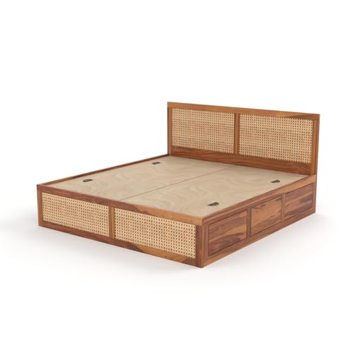 Image of Sheesham Wood Cane Bed with Box Storage for Bedroom | Queen Size Wooden Double Bed Palang with Rattan Headboard & Footboard (Honey Finish)