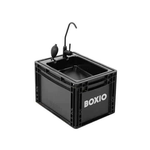 BOXIO - WASH: Mobiles 40x30 Spülbecken, Camping Waschbecken mit Pumpe ohne Strom, Camping Zubehör in Eurobox für den Van Ausbau, Friseur oder outdoor auf Festival & Garten, Spüle als Camping Gadgets