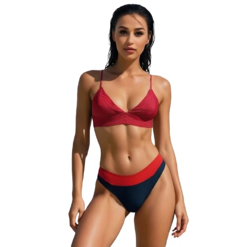 urge Sporty V-Neck Bralette Bikini Top for Women | Ribbed Triangle Swim Bra with Thin Adjustable Straps | Ruby Red Top Only - Medium-picture-21
