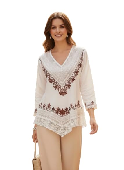 libaas india Women’s Boho Embroidered V-Neck Top | Stylish Lace Hem A-Line Casual Tunic | Trendy Ethnic Floral Design 3/4 Sleeve Rayon Top for Women (in, Alpha, 4XL, Off White)-picture-14