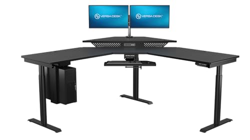 Image of VERSADESK 72 inch x 72 inch Electric L-Shaped Corner Standing Desk, Commercial Grade Height Adjustable Sit Stand Workstation, Ergonomic Computer Desk for Home Office, Black Frame, Black Surface