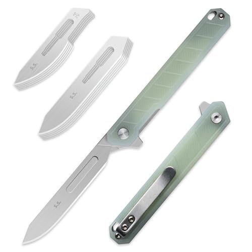 Image of OLITANS G046 Mecha Mini Slim Folding Scalpel with 5pcs #24 and 5pcs #60 G10 Handle with Liner Lock, Utility EDC Pocket Knife with Back Clip(Jade Color)