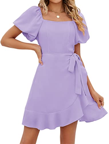 Image of Sampeel Womens Summer Dresses Square Neck Puff Sleeve Tie Waist Short Dress