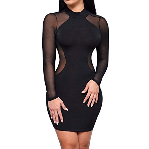 Loalirando Vestido de Lápiz para Mujer Transparente Sexy Ajustado Mini-Vestido con Mangas Largas para Noche Fiesta Chic de Moda, Negro , XL