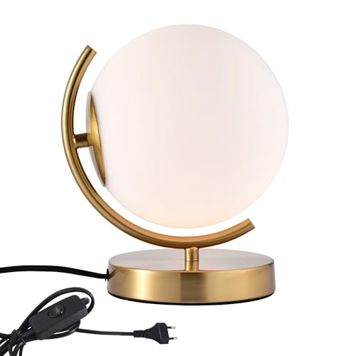 Alighting Tischlampe Gold, Opalglas Kugelleuchte Innen, Nachttischlampe Kugel Vintage Tischleuchte für Schlafzimmer, Wohnzimmer, E14