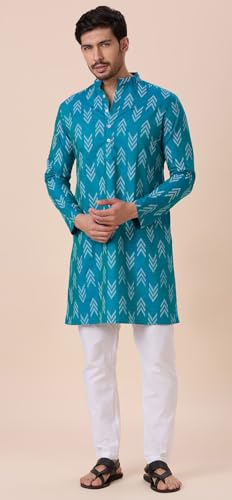 Image of Studio Shringaar Men's Cotton Blend Relaxed Fit Ikat Printed Knee Length Kurta