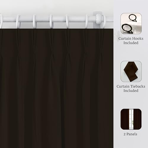 Image of Triple Pinch Pleated Blackout Curtains Thermal Insulated Room Darkening Curtains for Bedroom /Livingroom Pack of 2 Panels, Tiebacks, Hooks (Cocoa Brown)