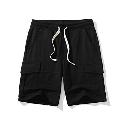 Rayiisuy Men Cargo Shorts Lounge Elastic Waist Drawstring 250 Grams Cotton Casual Outdoor Sweat Short Pant With Multi Pockets (Black, Xxl) #TOP4
