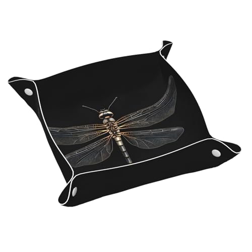 Bandeja de cuero con estampado de libélula negra para escritorio, organizador de almacenamiento, bandeja decorativa, bandeja para mesita de noche