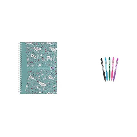 Oxford Floral, A5 Notebook Hardcover, Wirebound, Lined, 140 Pages, 1 Notebook, Blue & Zebra Z-Grip Smooth Retractable Ballpoint Pens, 5 Count (Pack of 1) Cover