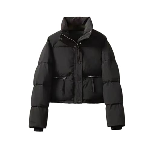 Chaqueta corta acolchada para mujer, abrigo de plumón con cuello alto, gruesa y cálida ropa de abrigo de algodón para invierno, Negro, S