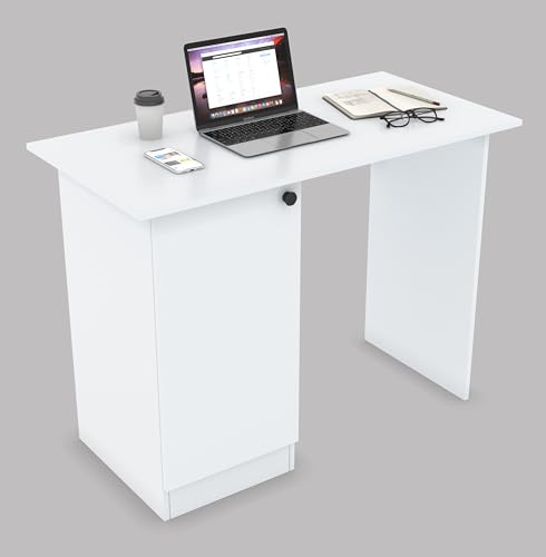 Image of CREATIVE QUBE 55 * 120 * 75 CM Engineered Wood Office Desk with Closed Cabinet & Storage Shelves for Storing Books, Stationery | Tabloft Executive Table for Office | 1 Year Warranty- Everest White