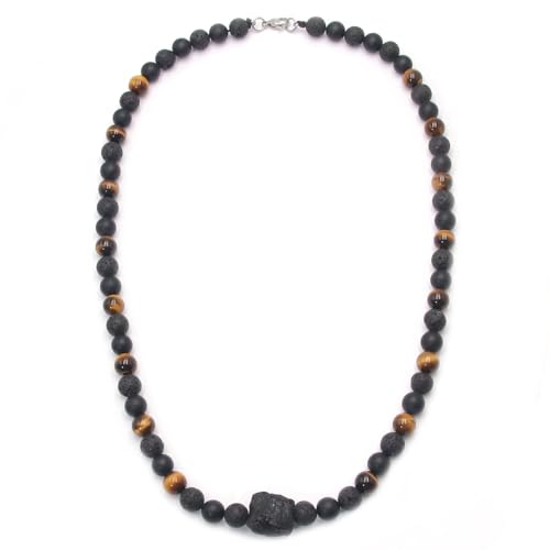 Protection Crystal Tiger Eye Necklace for Men, Natural Tourmaline Crystal Onyx Lava Stone Beads Necklaces for Men Handmade Gemstone Beaded Necklace, Mens Jewelry Gifts for Father Husband