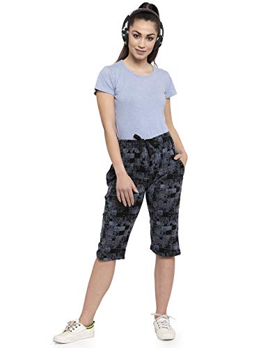 Image of UZARUS Women's Girls Cotton Three Fourth Capri Shorts with Two Zippered Pockets Black Checked
