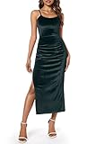 ZAFUL Women's Spaghetti Strap Velvet Side Split Midi Dresses for Cocktail Beach Evening Party(a-Green, S)