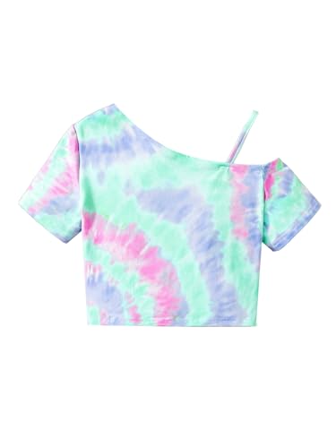 Image of WDIRARA Girl's Tie Dye Heart Graphic T Shirt Asymmetrical Short Sleeve Shirts Tee Crop Tops