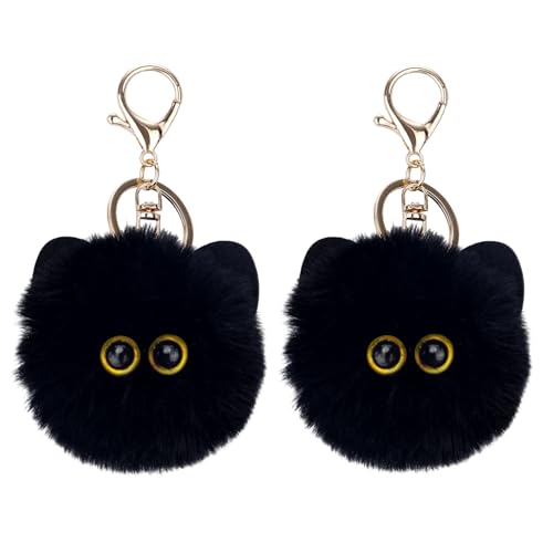 2uds Llavero Peluche Gato Negro, Lindo Llavero Pompones Gato Suave Kawaii Charmes...