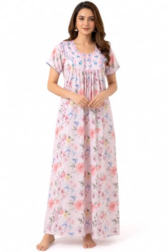 Image of Nighty| Nighty for Women Stylish| Night Gown for Women Stylish| Lightweight & Breathable Lizzy Bizzy Fabric| Elegant Embroidery Detailing| Digital Print|