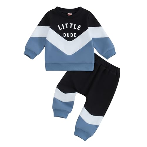 Image of Kupretty Toddler Baby Boy Fall Winter Clothes Color Block Long Sleeve Sweatshirt Pullover Tops + Joggers Pants Outfit Set