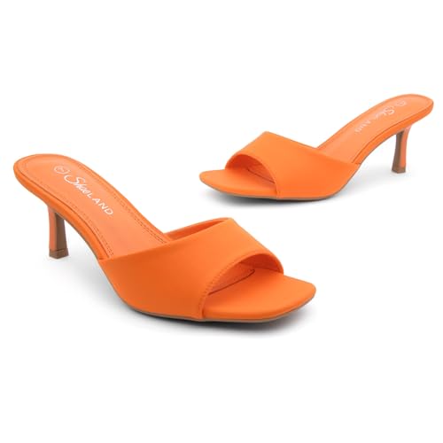 Image of Shoe Land Women's Low Heels Stiletto Heeled Slides, Open Toe One Band Slip-On Heeled Mules - Dressy Heeled Sandals for Prom, Party Wedding and Vacation