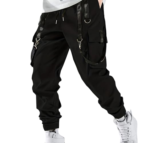 Men's Multi-Pocket Pants with Chain Trim Streetwear Tactical Sweatpants Drawstring Cargo Pants of Men Tech Pants