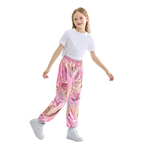 Image of Rolanko Girls Shiny Metallic Cargo Pants, Sparkle Jogger Pants for Girls Hip Hop Dance Streetwear Cargo Trousers 6-15 Years