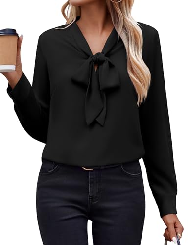 Zeagoo Black Blouses for Women Long Sleeve Business Casual Chiffon Shirt Bow Tie Neck Clothes