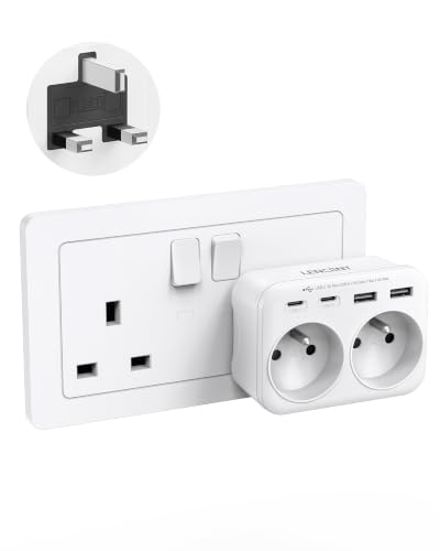 LENCENT Adaptateur Prise Anglaise/UK/Angleterre et Française avec 2 Ports USB et 2 Ports USB-C adapté à Irlande, Royaume-Uni, Écosse, électrique Mâle...