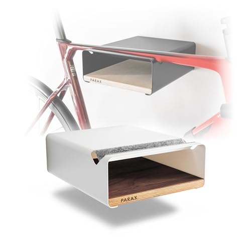 PARAX Fahrrad Wandhalterung mit Ablageboard - modernes Design für Wohnung - Metall & Holz Filzauflage Weiß - M (Lenker bis 50 cm)