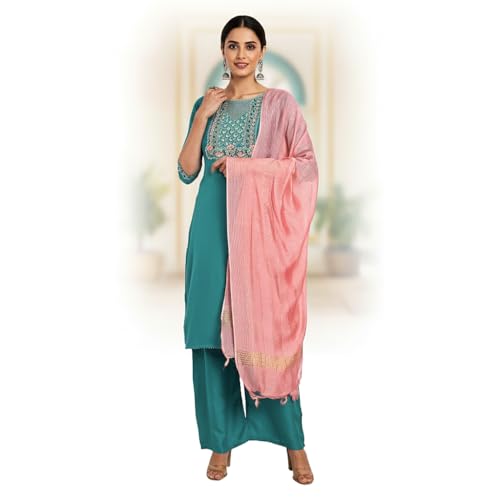 Image of Women Rayon Embroidered Kurta with Pant and Dupatta Set