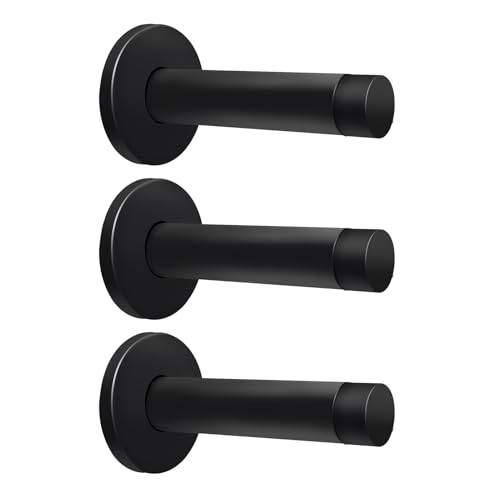 3 Pack Heavy Duty Door Stop - 304 Stainless Steel Wall Mounted Door Stopper with Rubber Tips | Sound Dampening Protection for Skirting Boards, Door Handles & Walls | Anti-Noise Door Holder Black