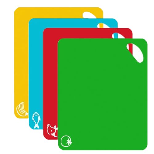 Juego de 4 tablas de cortar, multiusos, de colores, antideslizantes, fáciles de colgar, con iconos de alimentos de colores, multiusos, material apto para lavavajillas (4 colores)