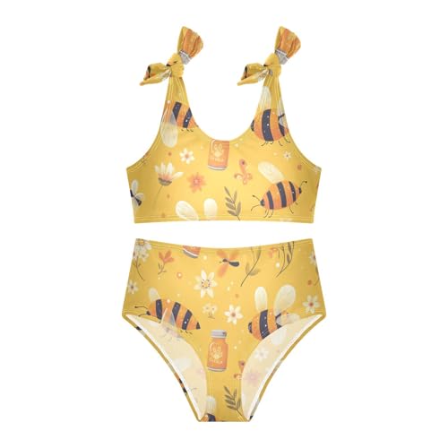 KLL Bees on Yellow Girls 2 Piecing Bikini Set Scoop Neck Swimsuit Swimming Suits Cute Shoulder Strap3