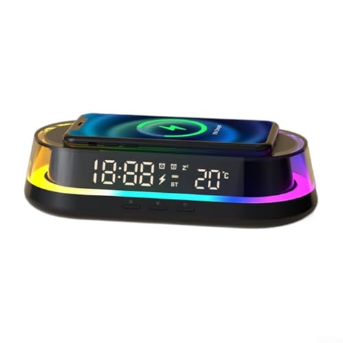 Reloj despertador con puerto de carga inalámbrico, luz nocturna colorida, brillo ajustable, diseño fácil de usar, elegante y moderno (negro)