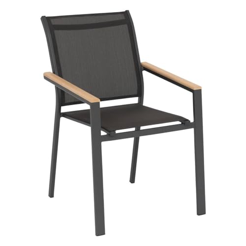 Hespéride - Fauteuil de Jardin Empilable Essentia Anthracite Graphite et Acacia Anti-Rouille Texaline Léger Facile à Ranger Mobilier Terrasse Balcon