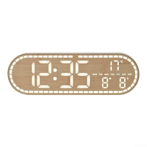 Zoegneer Reloj despertador digital LED de PVC, acabado de grano de madera con temperatura, fecha, calendario, brillo ajustable, pantalla multifunción para sala de estar, dormitorio, oficina, montaje