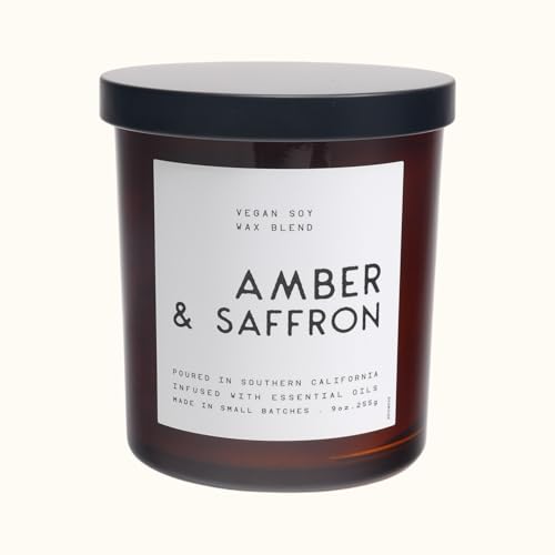 LEOBEN CO Amber & Saffron Scented Candle 9oz Contemporary Collection Design 50 hr Burn Time Poured in California Using Vegan Soy Wax and Essential Oils Made in Small Batches