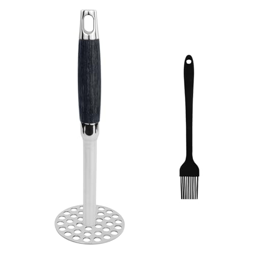 Presse-purée robuste en acier inoxydable 316 pour pommes de terre, avocat, tomates, haricots, fruits et légumes, avec 1 pinceau à huile noir de 19 cm