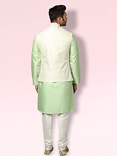 Image of Uri and MacKenzie Men's Silk Blend Regular Kurta Churidar Pyjama with Bundi Nehru Jacket /Waistcoat
