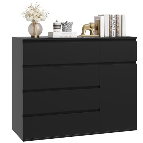 Cómoda negra para dormitorio con armario de almacenamiento grande y aparador ancho, 5 cajones, 1 puerta, ideal para sala de estar, pasillo, 100 x 40 x 80 cm