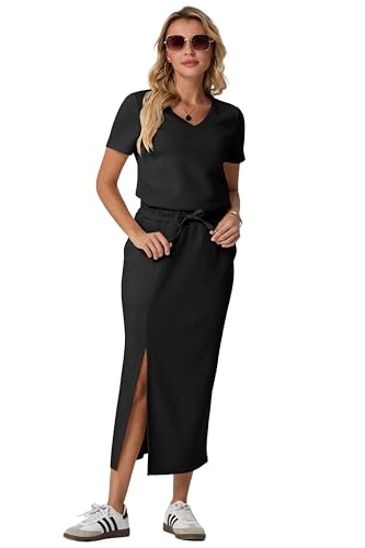 Image of GRECERELLE Women Summer Casual 2 Piece Sets V-Neck Wrinkle-Free Top & Elastic Waist Midi Side Slit Skirt with Pockets
