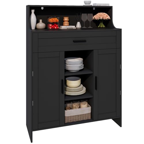 Image of Viaozutis Storage Cabinet with Doors and Drawers, Kitchen Storage Cabinet with 1 Large Drawer,2 Doors,and 2 Adjustable Shelves,for Bathroom/Kitchen/Living Room/Entrance Hall (Black)