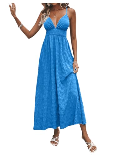 Milumia Women's Summer Smocked Cami Maxi Dress Boho V Neck Spaghetti Strap A Line Flowy Beach Long Sundress4