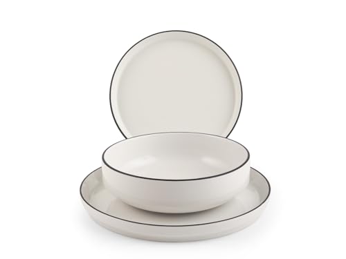 H&H, Servizio Tavola 12 Pezzi Essence Black in Porcellana Bianca con Bordo Nero – Piatti Piani, Fondi e Frutta, Adatto per Lavastoviglie e Microonde