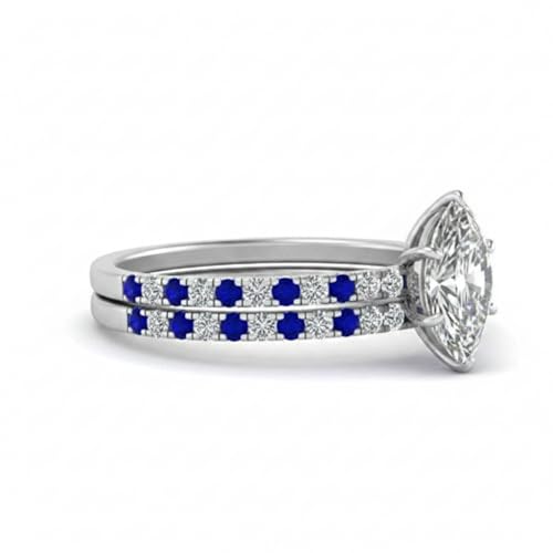 Image of Choose Your Gemstone Three Quarter Diamond CZ Gallery Bridal Ring Set 925 Sterling Silver Marquise Shape Wedding Ring Sets for WomenUS Size 4 to 12