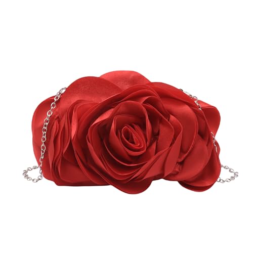 Women Evening Clutch Bag Fashion Rose Floral Satin Small Purse Handbag with Detachable Strap for Wedding,Evening Party, Prom