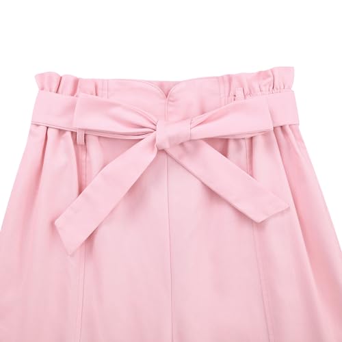 Image of GERU Girls High Waist Belted Paperbag Pants Casual Fit Elastic Tapered Trousers with Pockets 4-12 Years