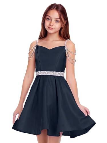 Satin Junior Bridesmaid Dresses Beads Flower Girl Dress for Wedding Knee Length Girls Pageant Party Dress